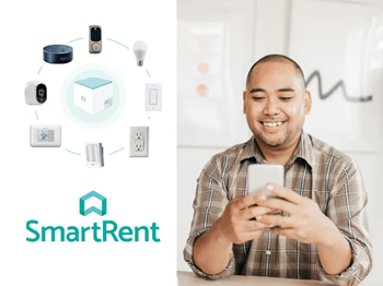 A man is using a smartphone with a SmartRent logo displayed.